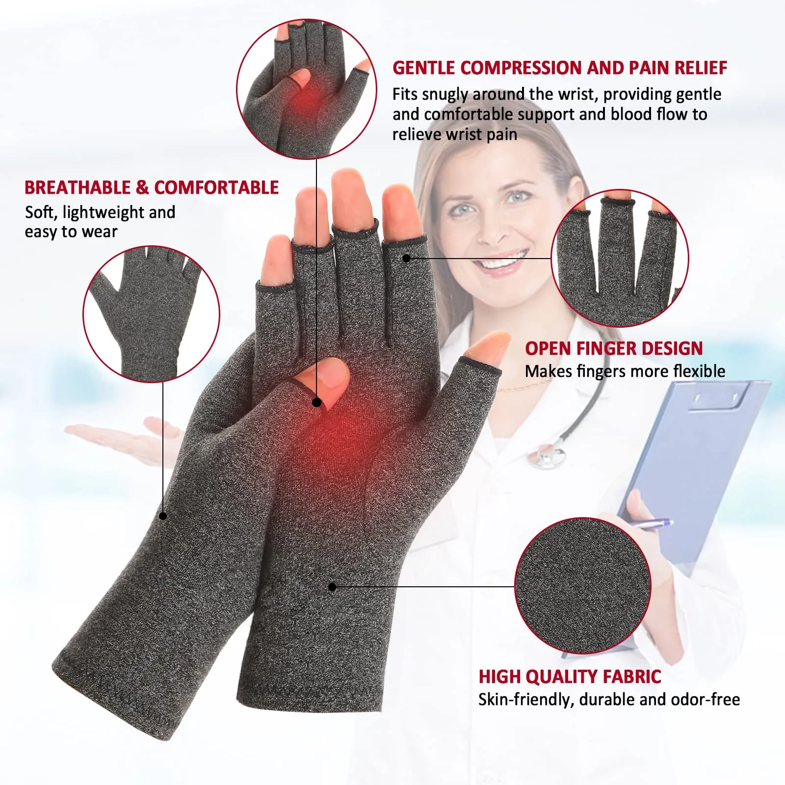 2 Pairs Arthritis Compression Gloves for Women Men, Carpal Tunnel Pain Relief, Fingerless Gloves for Typing and Daily Work Medium Brown1 grey1