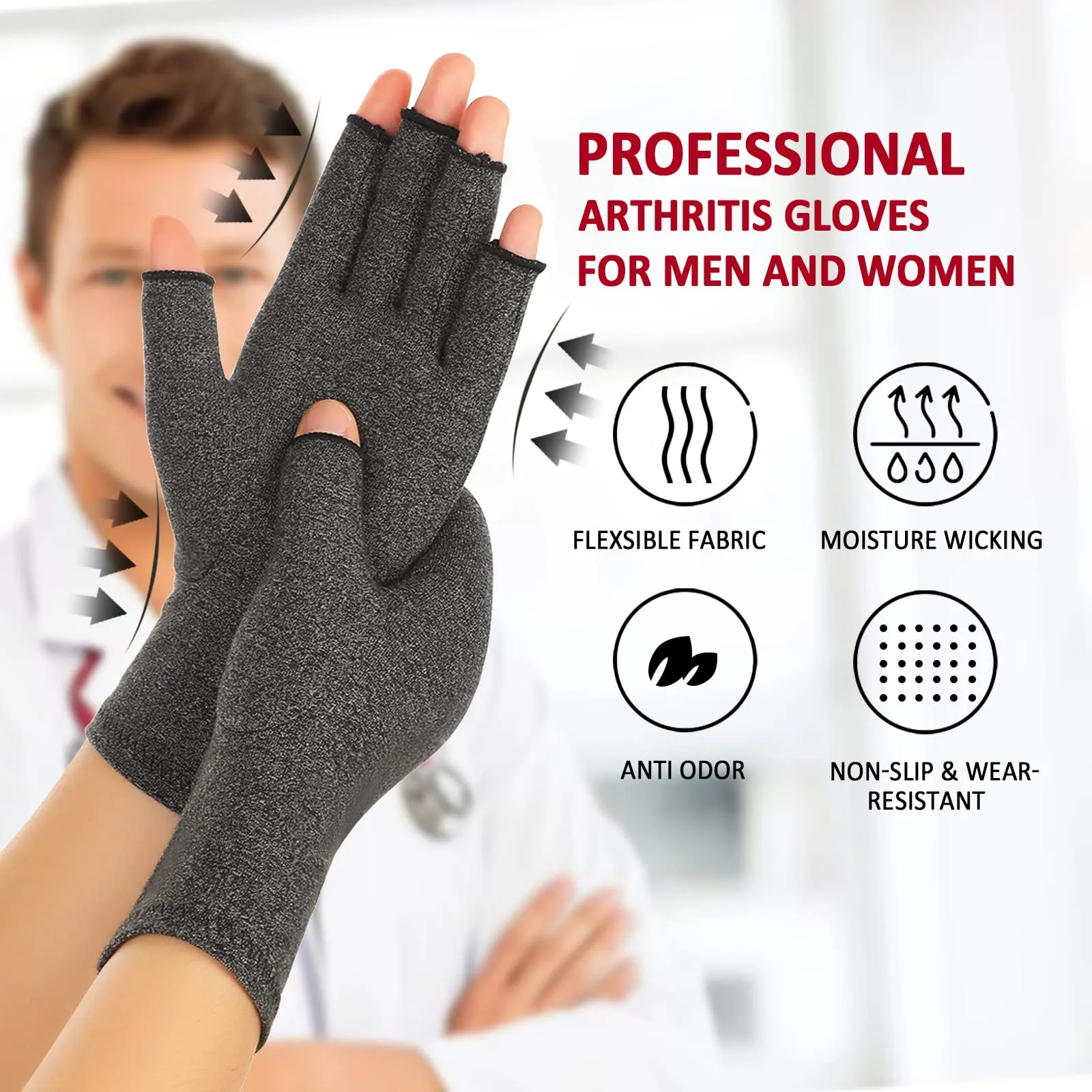 2 Pairs Arthritis Compression Gloves for Women Men, Carpal Tunnel Pain Relief, Fingerless Gloves for Typing and Daily Work Medium Brown1 grey1