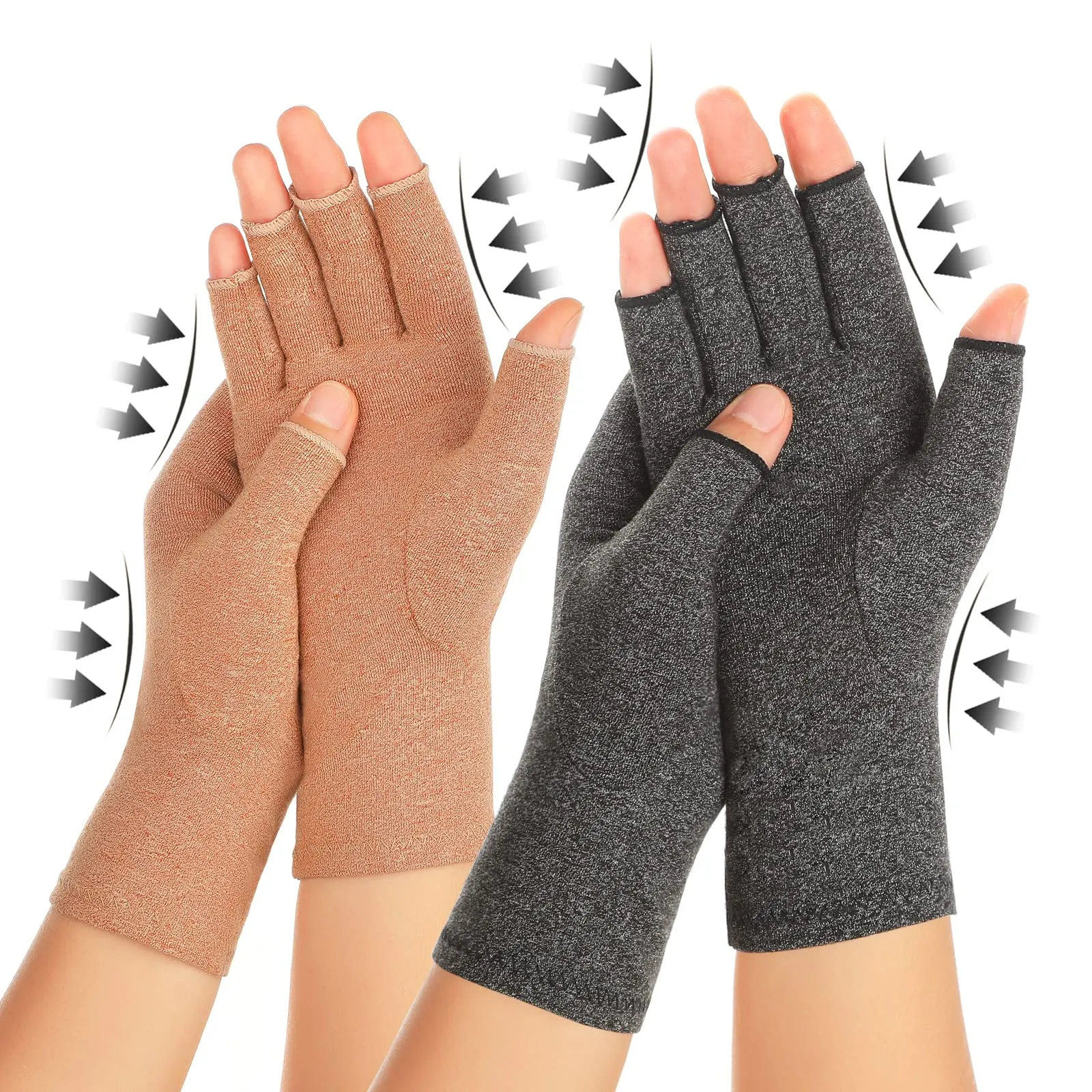 2 Pairs Arthritis Compression Gloves for Women Men, Carpal Tunnel Pain Relief, Fingerless Gloves for Typing and Daily Work Medium Brown1 grey1