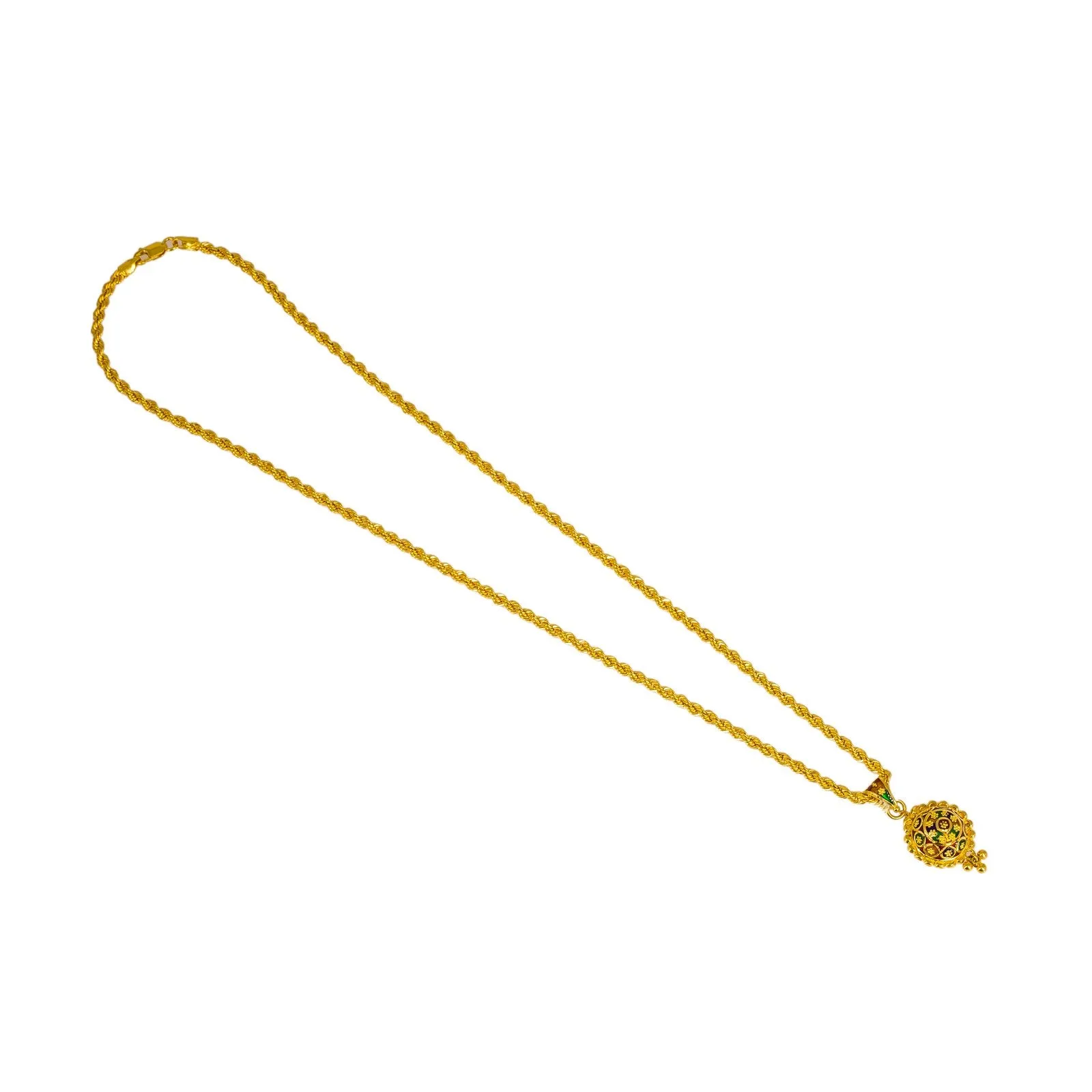 22K Yellow Gold Pendant Necklace & Earrings Set W/ Faceted Enamel Ball Pendant