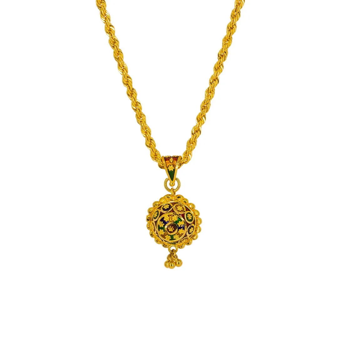 22K Yellow Gold Pendant Necklace & Earrings Set W/ Faceted Enamel Ball Pendant