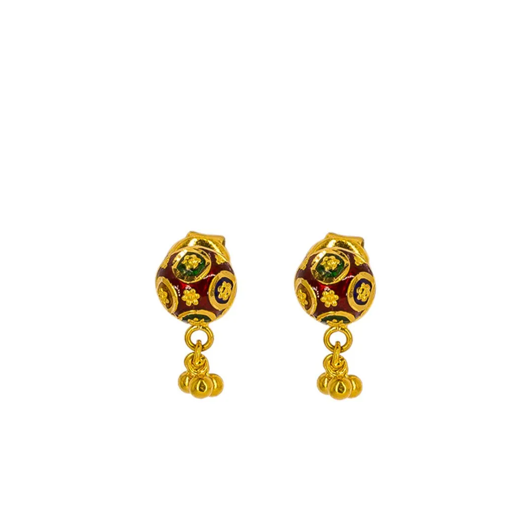 22K Yellow Gold Pendant Necklace & Earrings Set W/ Faceted Enamel Ball Pendant