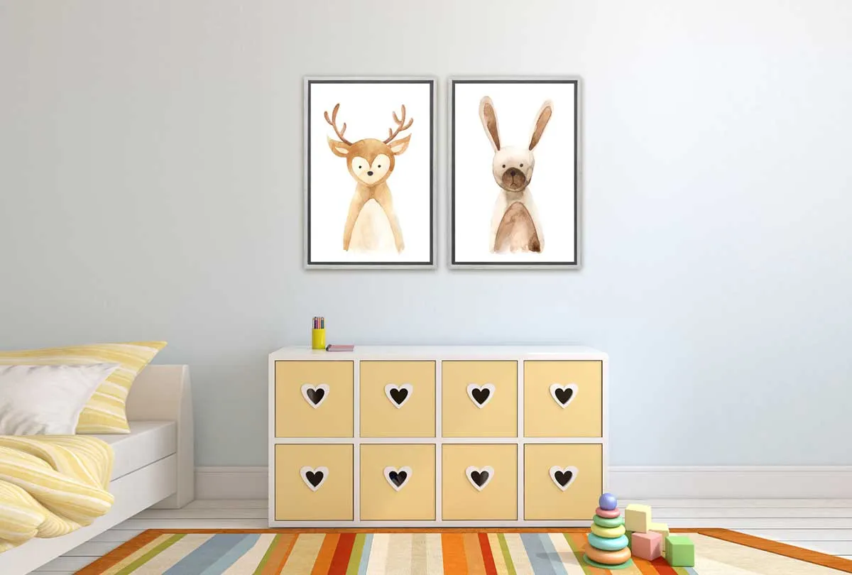 Deer & Bunny | Kids Woodland Animal Print Set | Canvas Wall Art Decor
