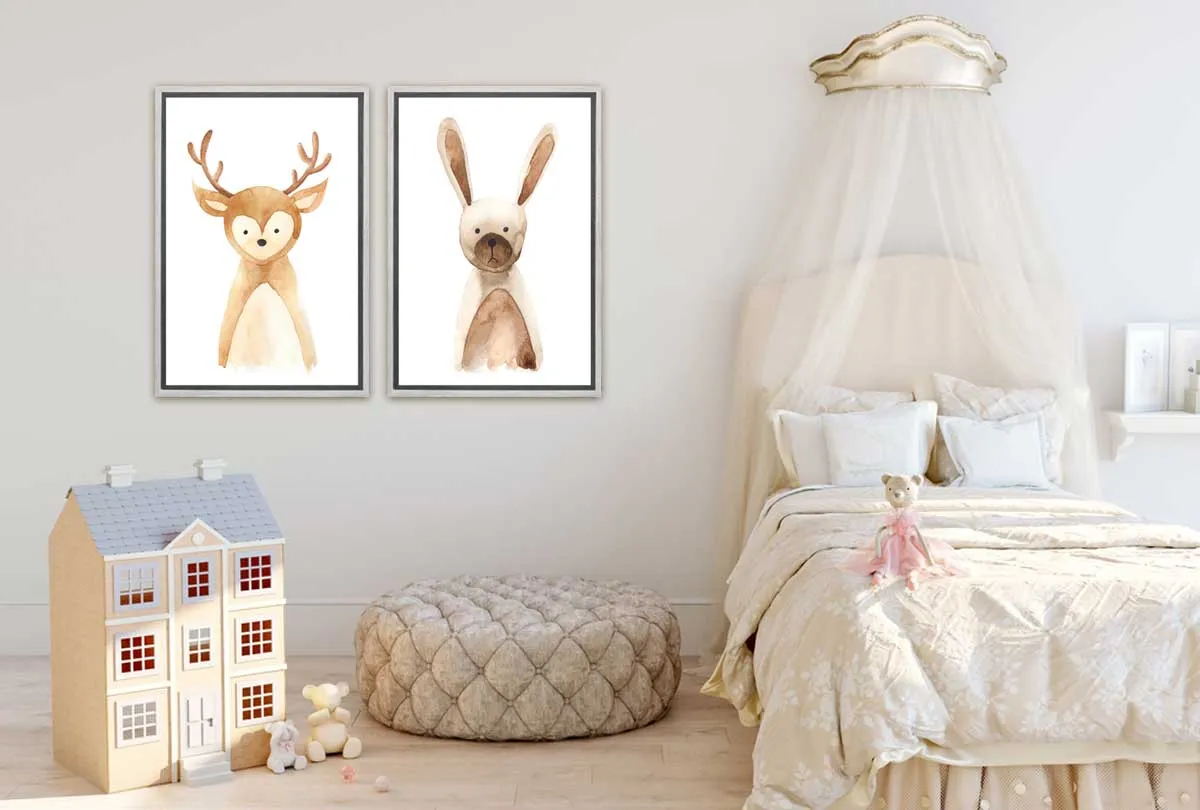 Deer & Bunny | Kids Woodland Animal Print Set | Canvas Wall Art Decor