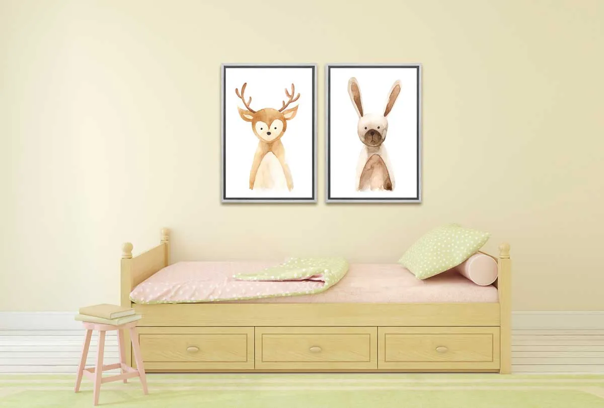 Deer & Bunny | Kids Woodland Animal Print Set | Canvas Wall Art Decor