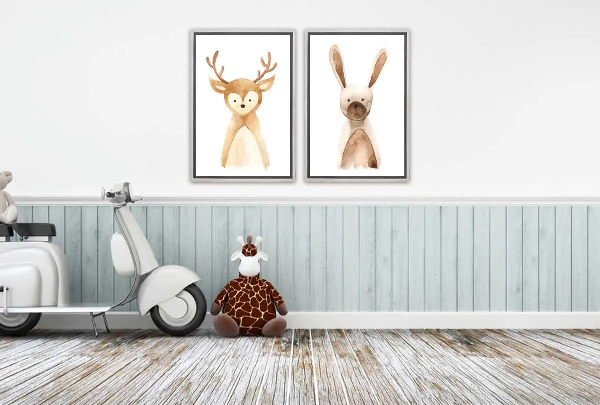 Deer & Bunny | Kids Woodland Animal Print Set | Canvas Wall Art Decor