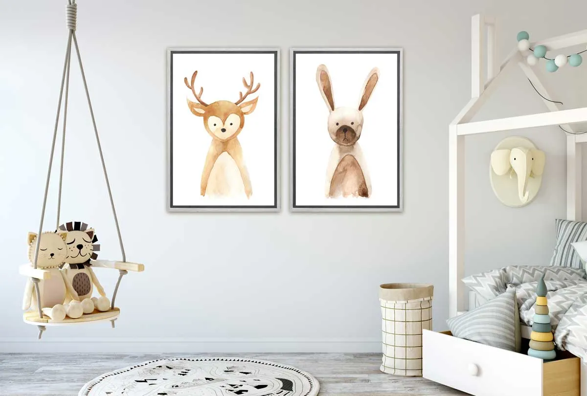 Deer & Bunny | Kids Woodland Animal Print Set | Canvas Wall Art Decor