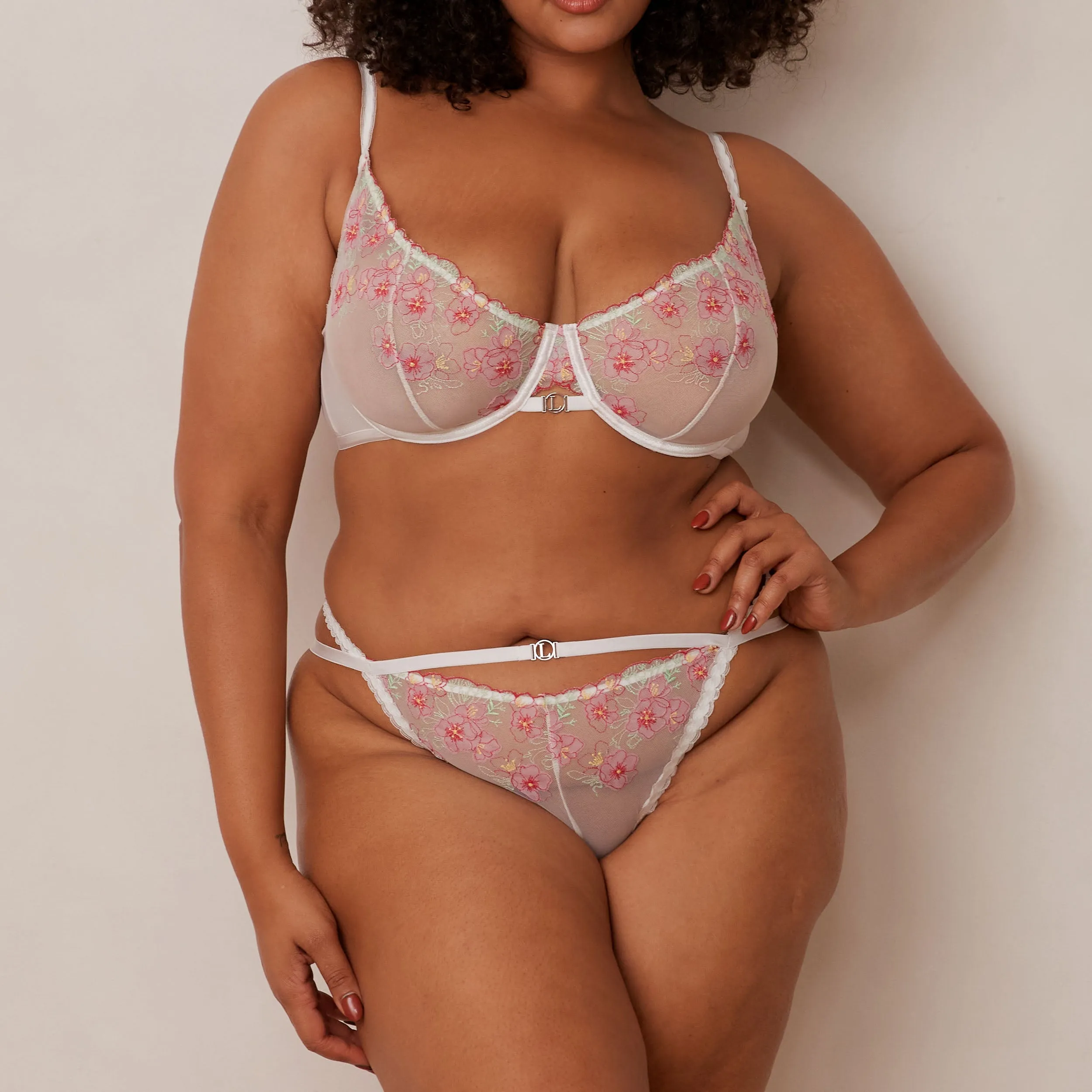 Ditsy Embroidered Balcony Bra  - White