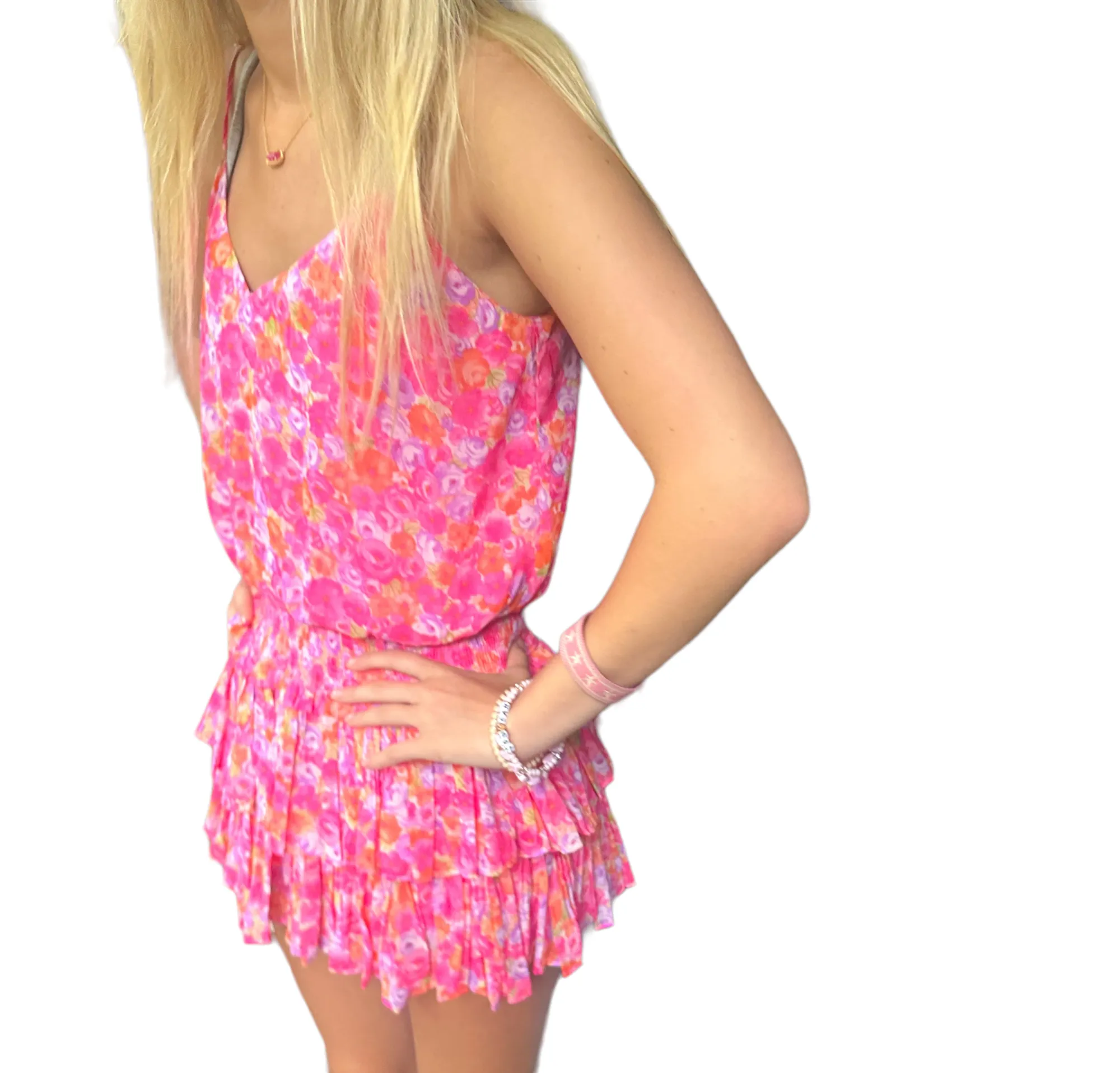 Flirty Floral Duo: Hot Pink V-Neck Cami & Ruffled Mini Skirt Set