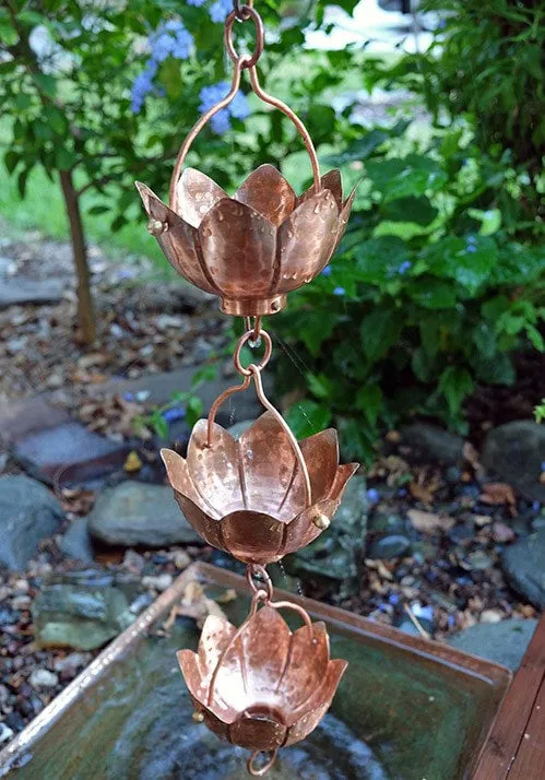 Lotus Flower Rain Chain Copper Hammered Decorative Downspout Garden Art Water Feature