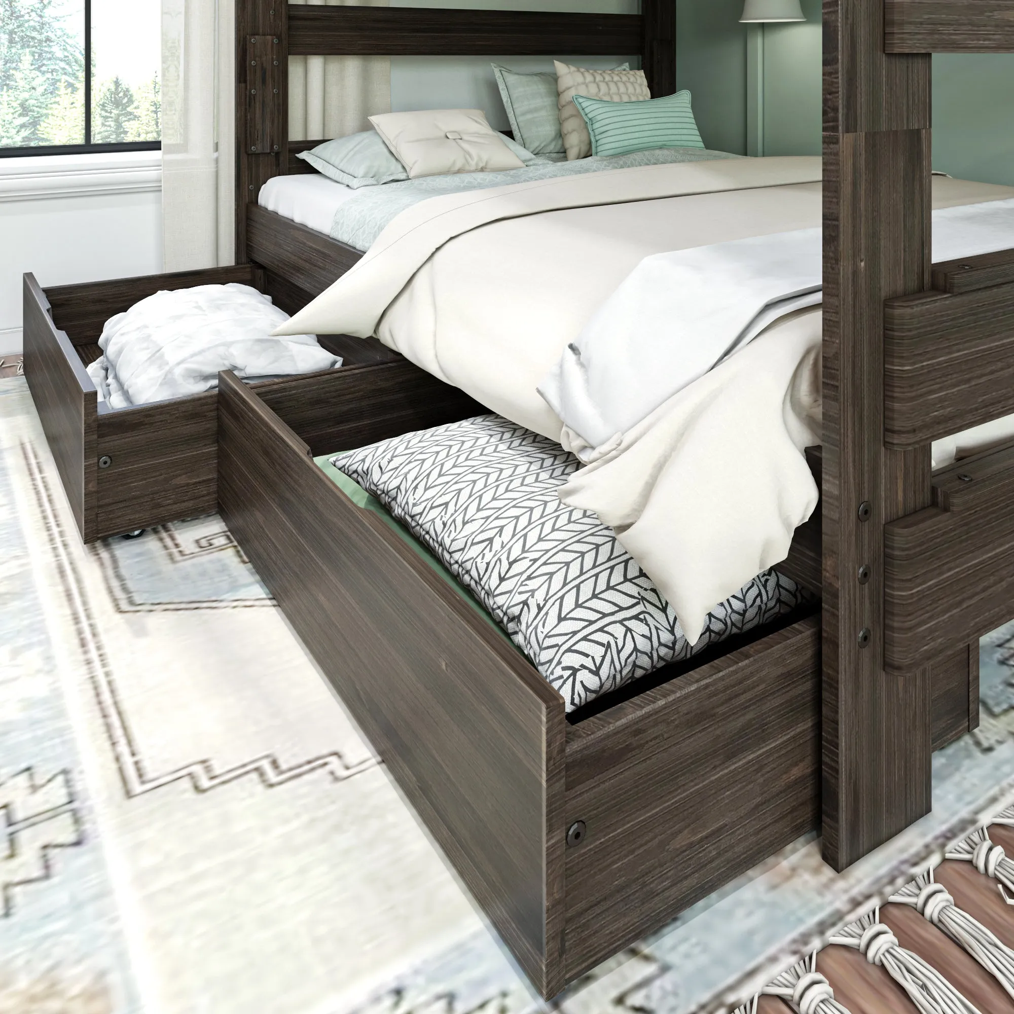 Modern Farmhouse Queen Over Queen Bunk Bed With Storage Drawers