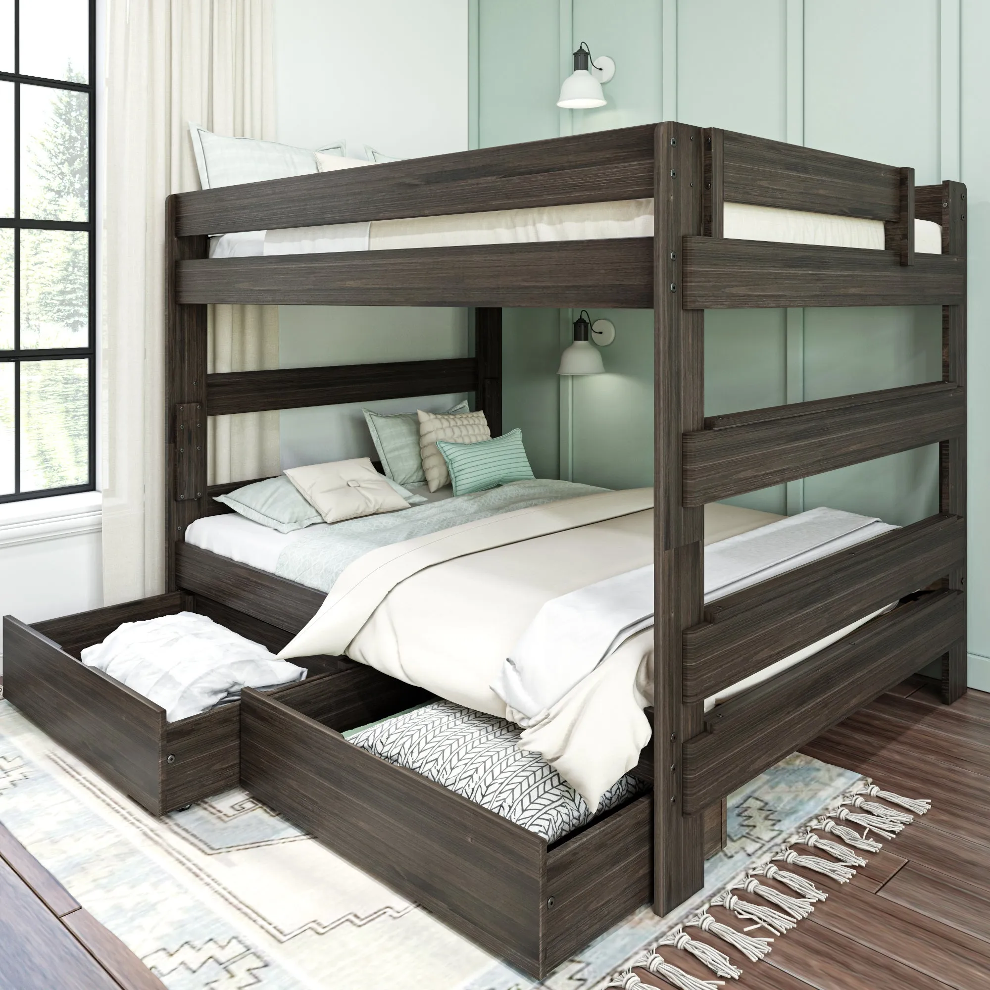 Modern Farmhouse Queen Over Queen Bunk Bed With Storage Drawers