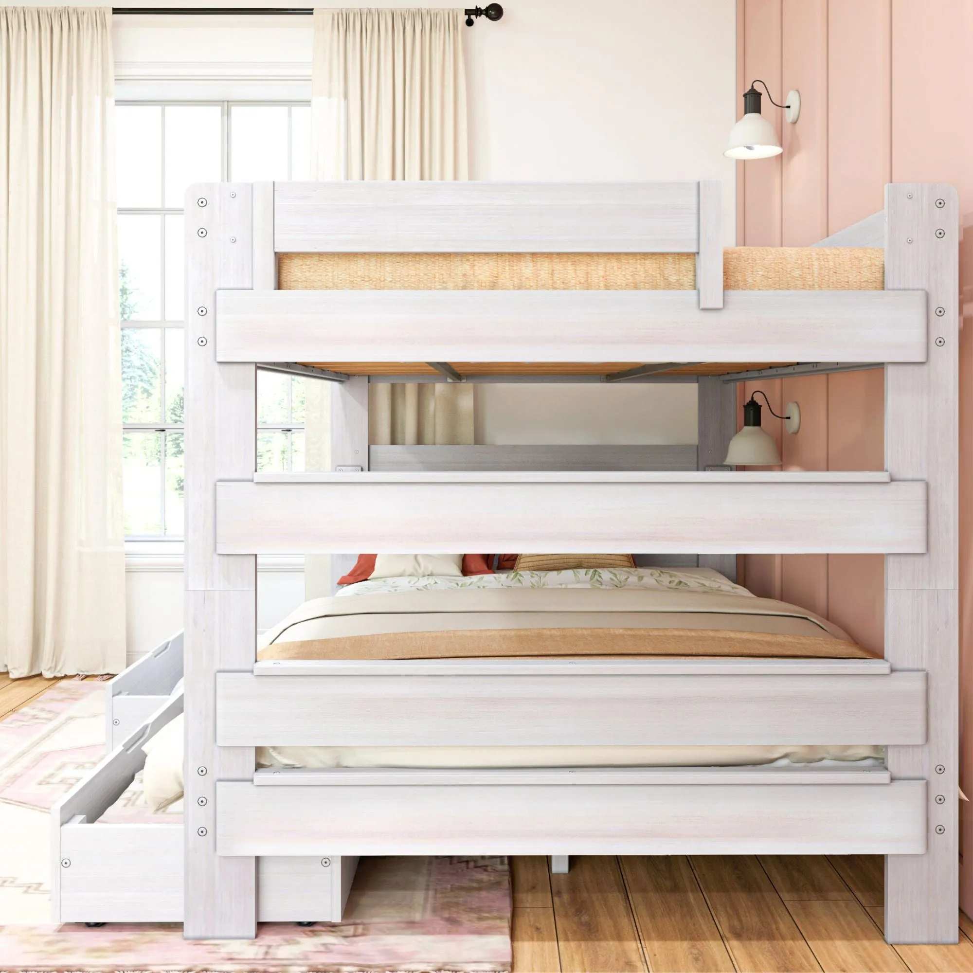 Modern Farmhouse Queen Over Queen Bunk Bed With Storage Drawers