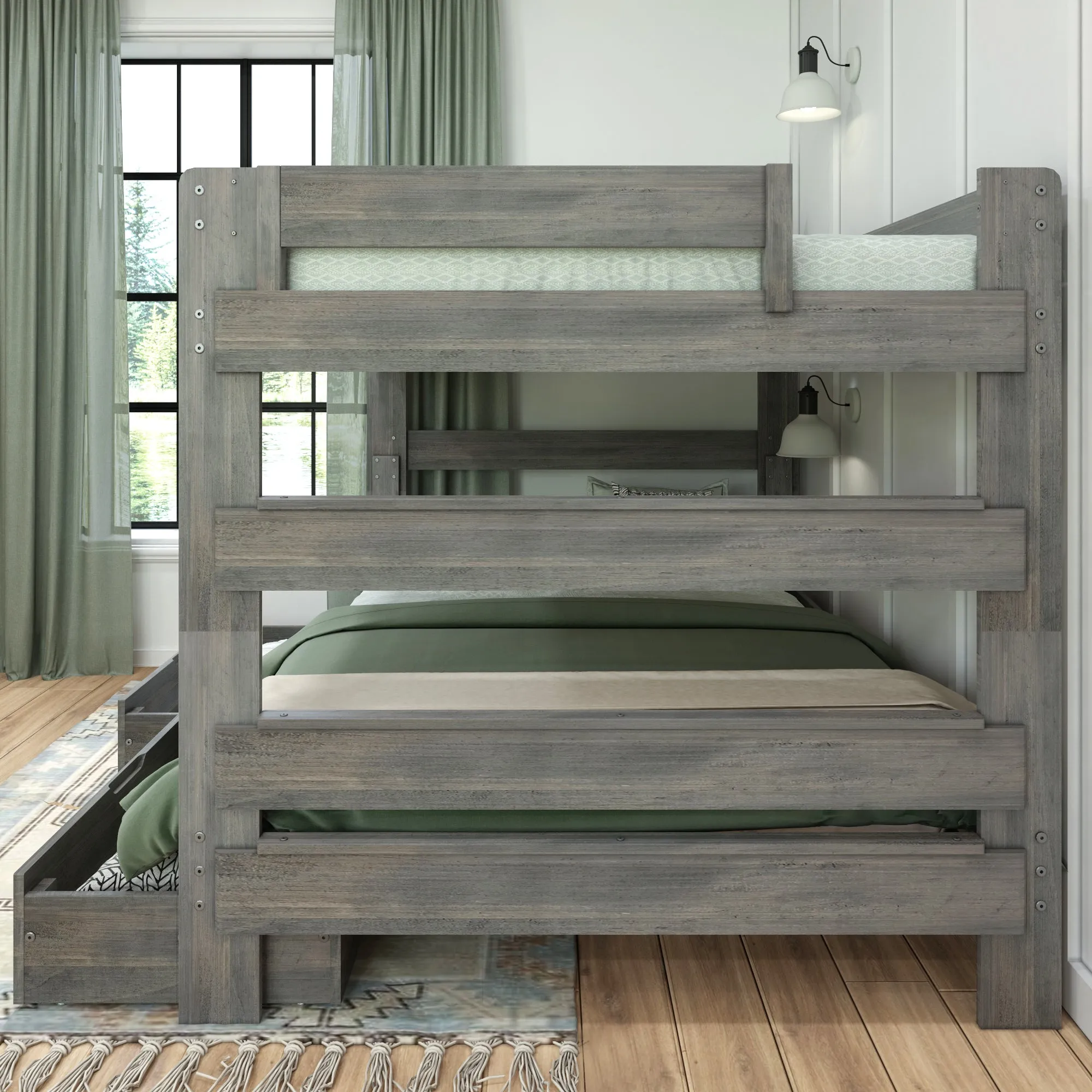 Modern Farmhouse Queen Over Queen Bunk Bed With Storage Drawers