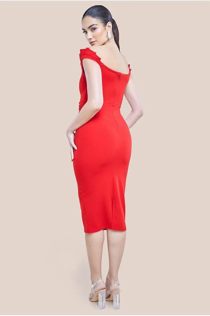 Off The Shoulder Frill Bodice Midi Dress - Red by Goddiva
