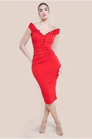Off The Shoulder Frill Bodice Midi Dress - Red by Goddiva