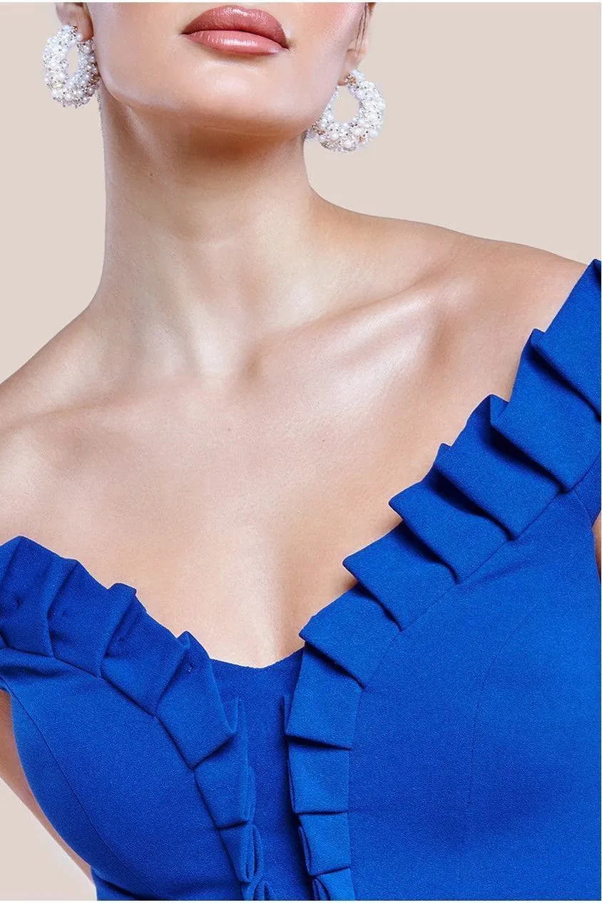 Off The Shoulder Frill Bodice Midi Dress - Royal Blue by Goddiva