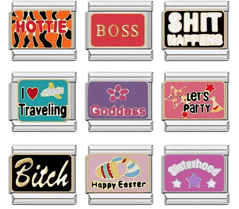 Personalisable Italian Bracelet Charms - Hottie, Boss Let's Party, Traveling, Turkey, Bitc*, Sh*t Happens - Create your unique bracelet