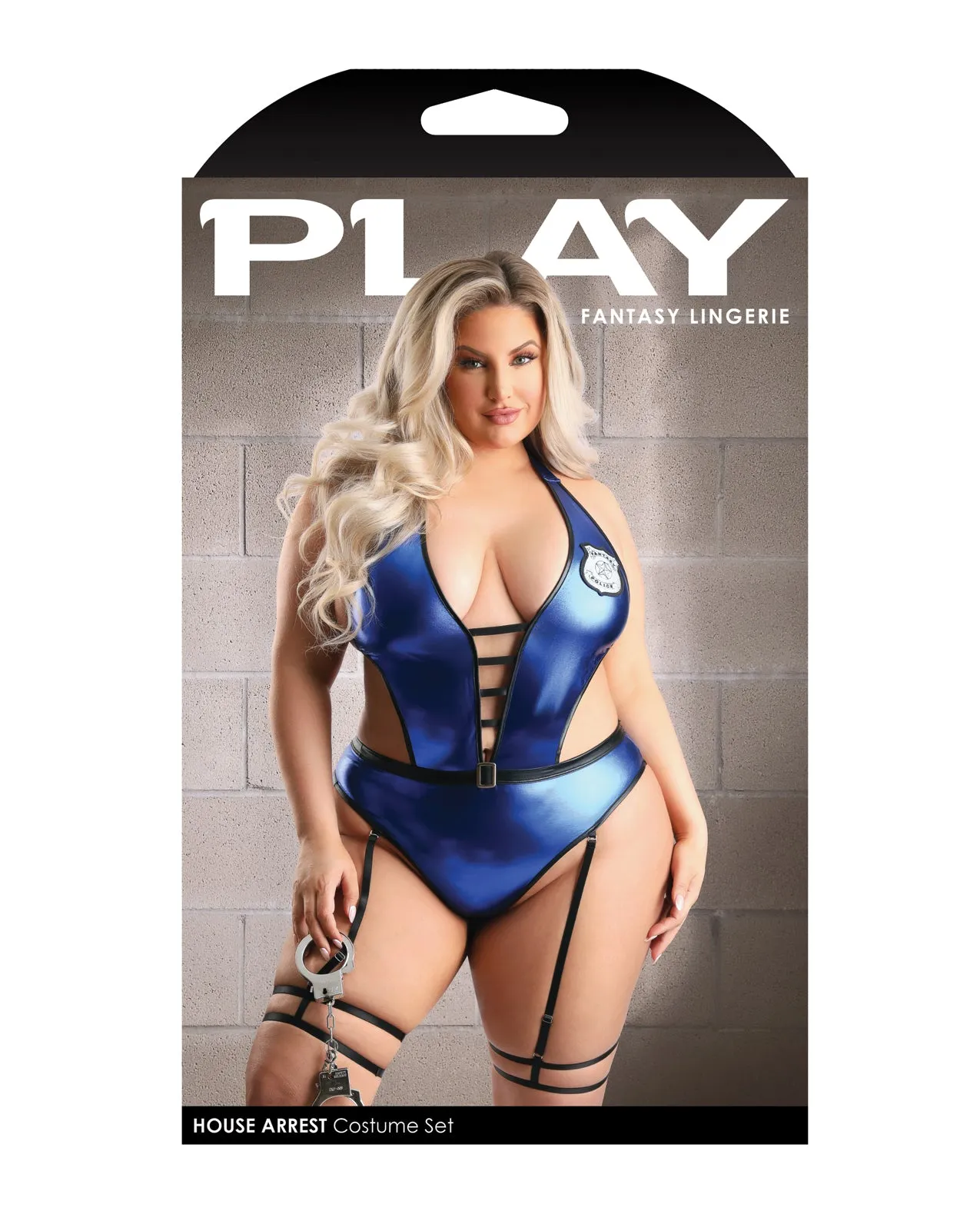 Play House Arrest Cut-out Halter Teddy w/Removable Leg Garters & Handcuffs Blue 1X/2X