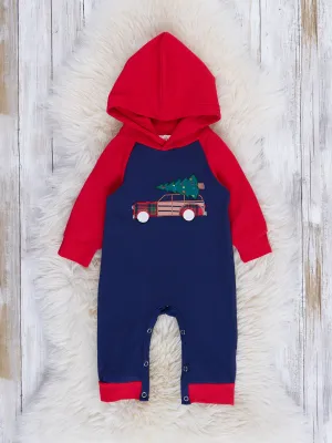 Red Embroidered Tree & Car Raglan Hooded Romper