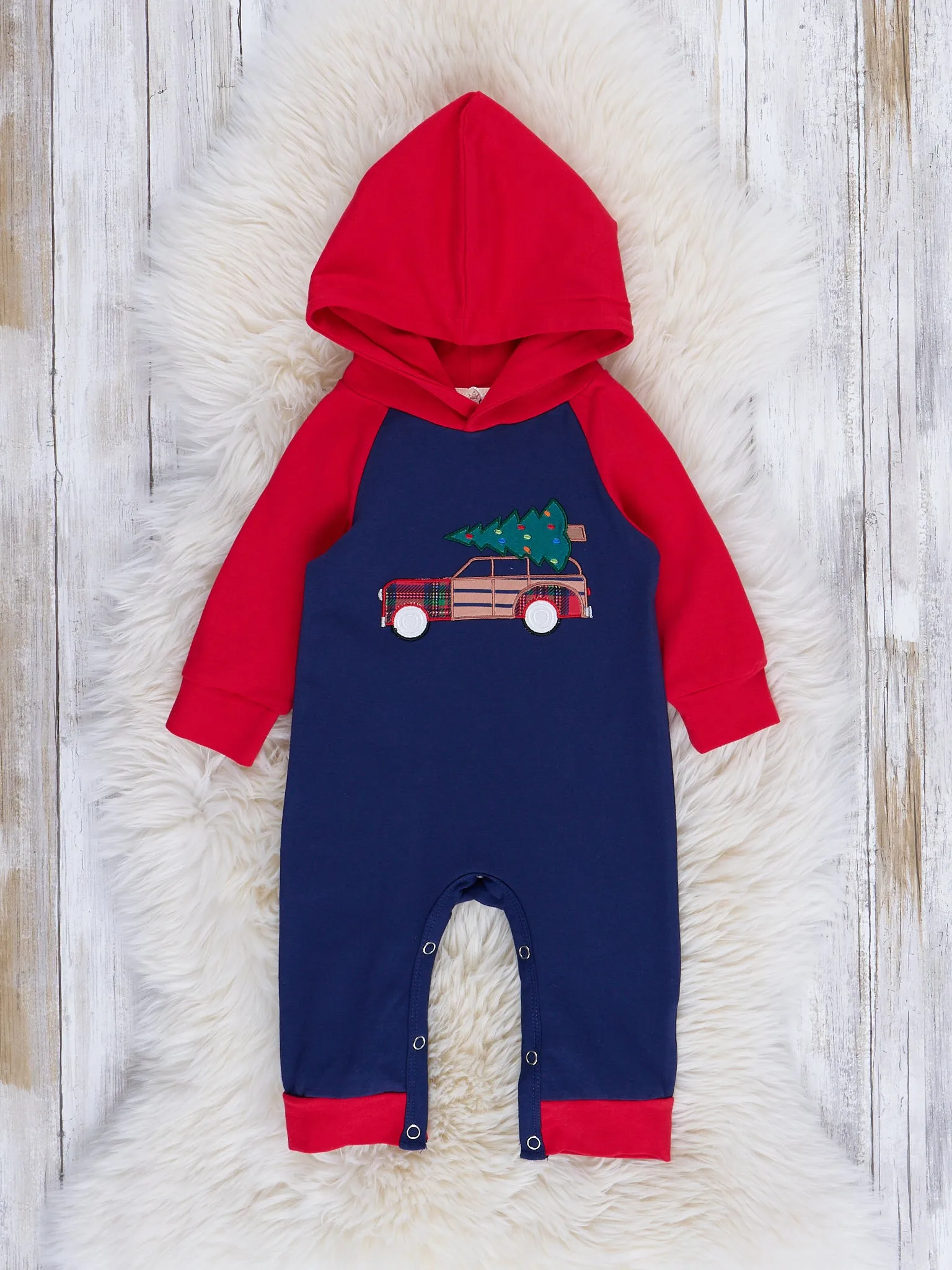 Red Embroidered Tree & Car Raglan Hooded Romper