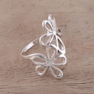 Sterling Silver Floral Cocktail Ring from India - Twin Floral Beauty | NOVICA