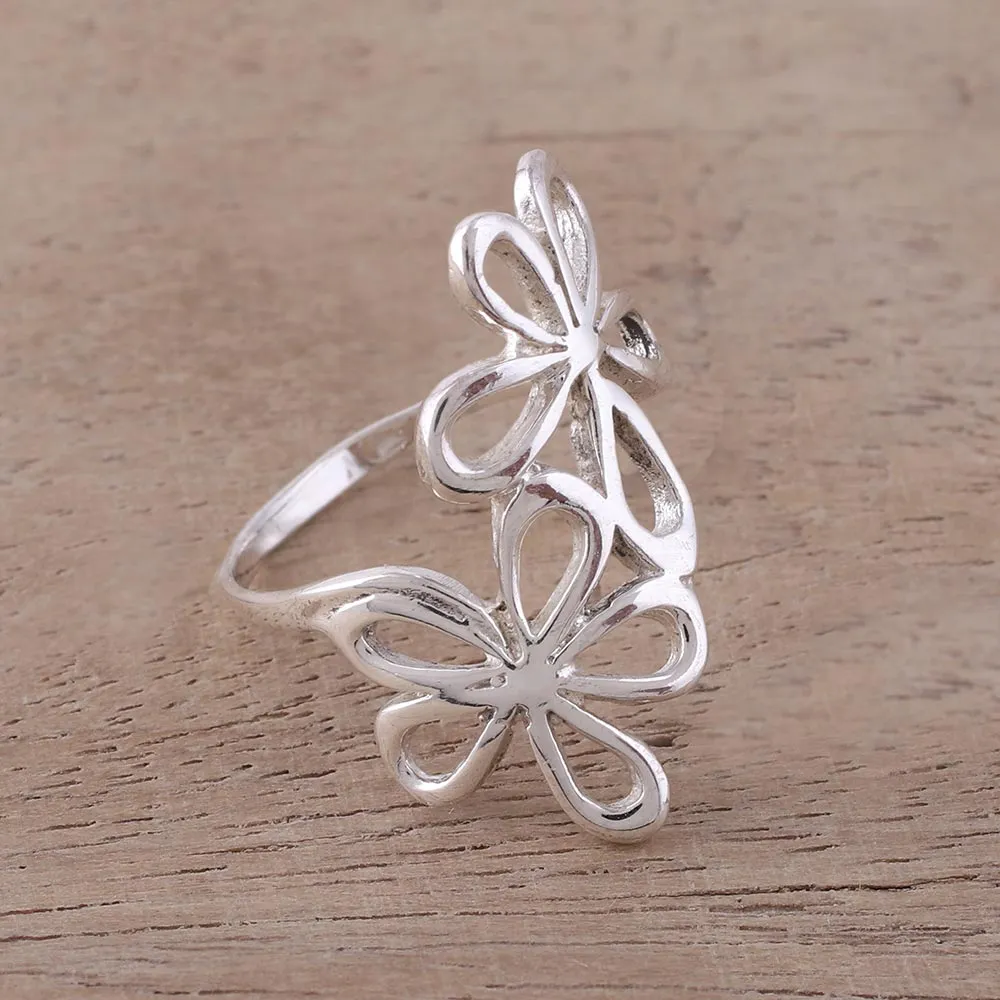 Sterling Silver Floral Cocktail Ring from India - Twin Floral Beauty | NOVICA