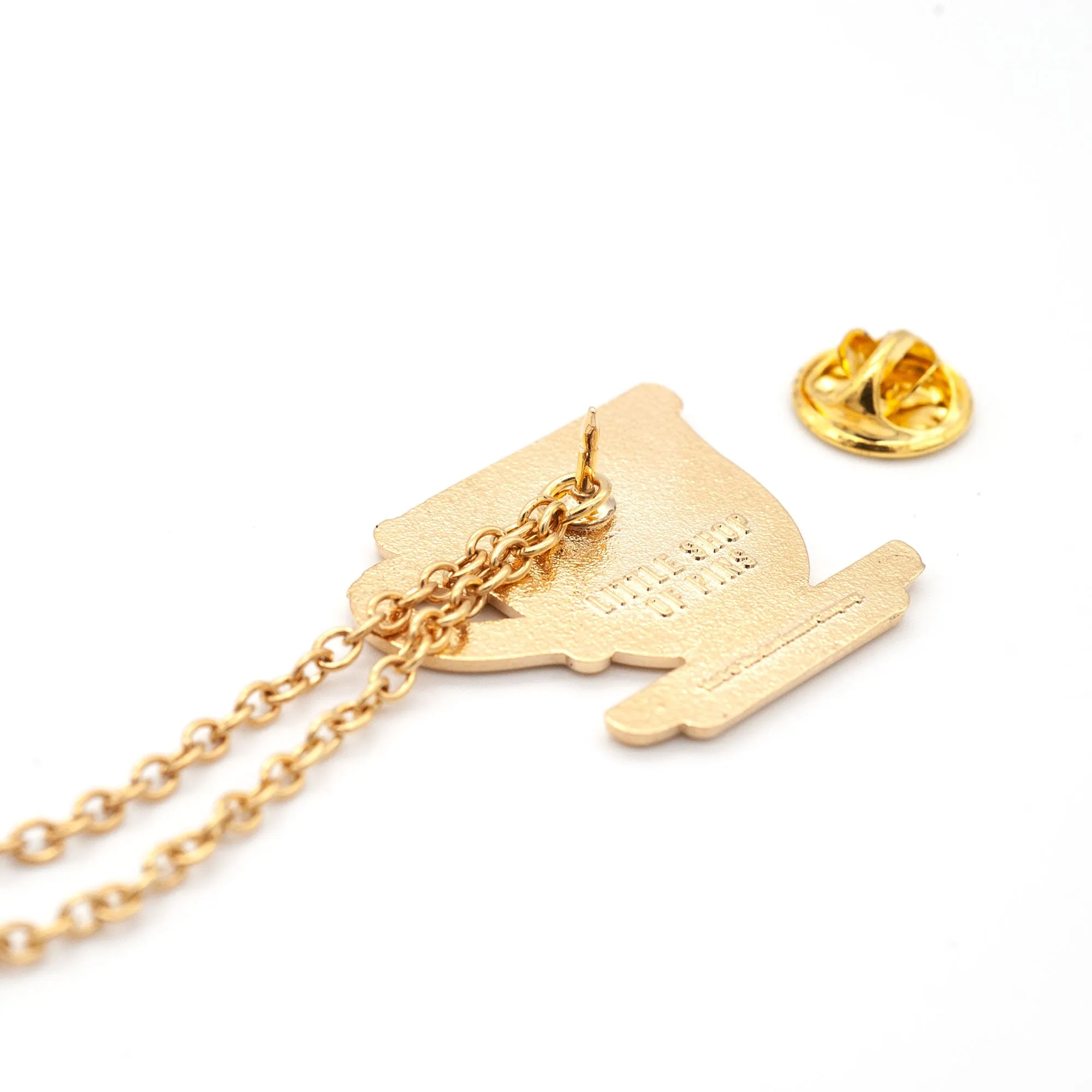 The Worm and Teacup Enamel Pins with Removable Chains