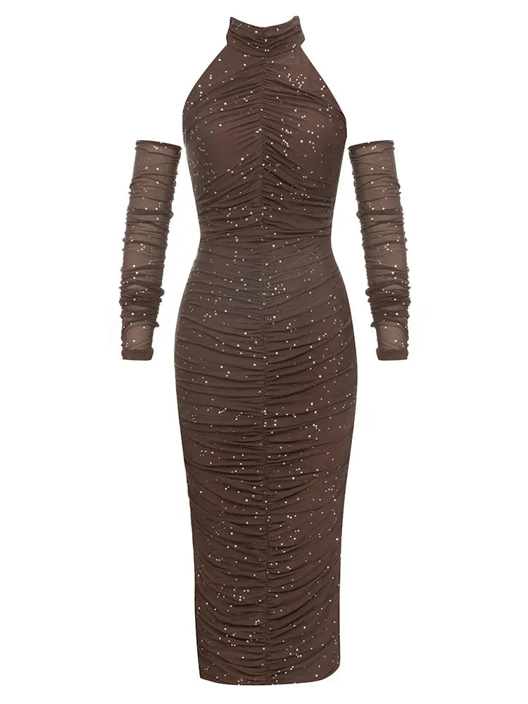 Trixie Mesh Ruched Sequin Long Sleeve Maxi Dress With Gloves