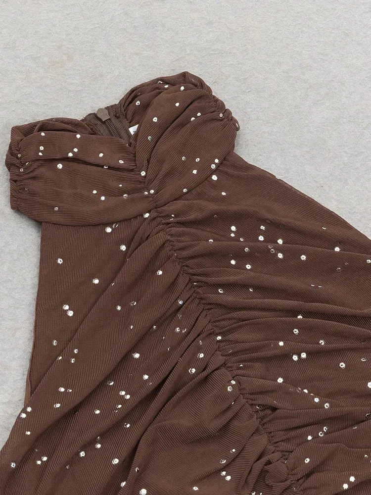 Trixie Mesh Ruched Sequin Long Sleeve Maxi Dress With Gloves