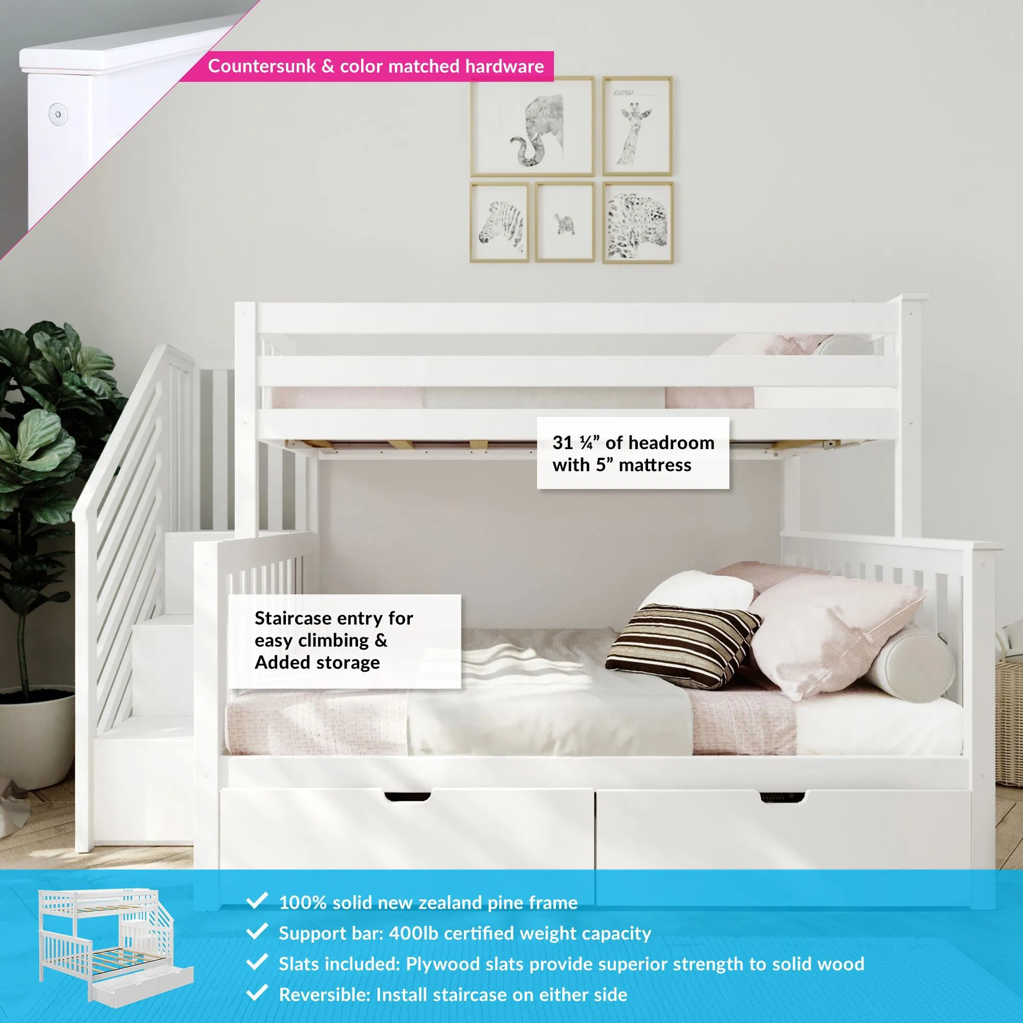 Twin Over Full Bunk Bed With Stairs & Storage Drawers
