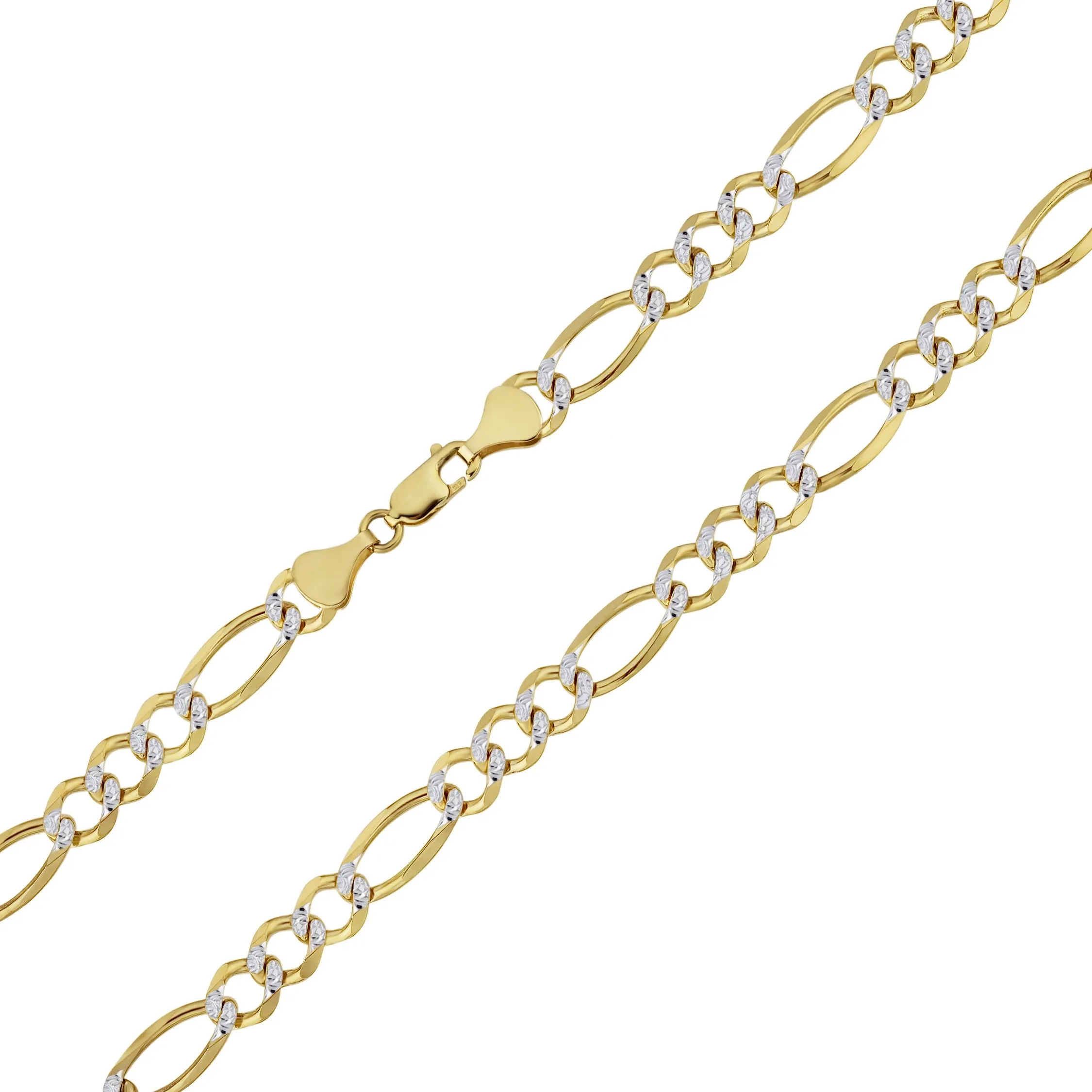 Two-Tone Pave Figaro Link Chain Necklace 14K Yellow White Gold - Solid