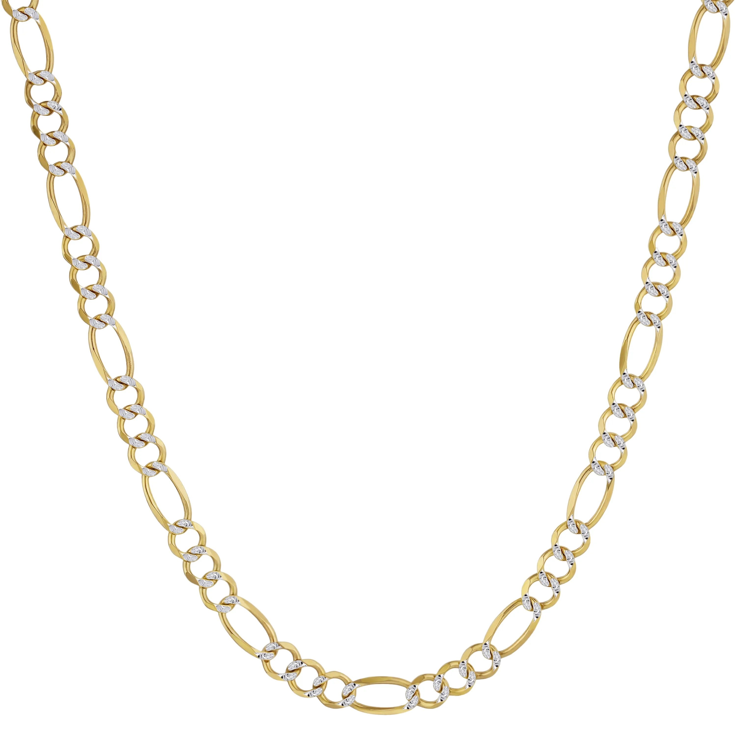 Two-Tone Pave Figaro Link Chain Necklace 14K Yellow White Gold - Solid