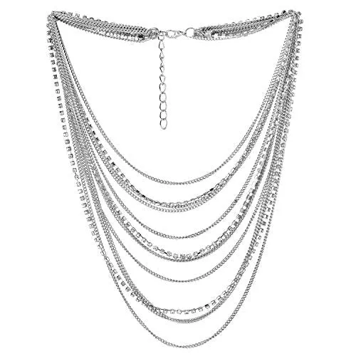 Waterfall Multi-Strand Chains Statement Collar Necklace with Rhinestones Chains, Dress
