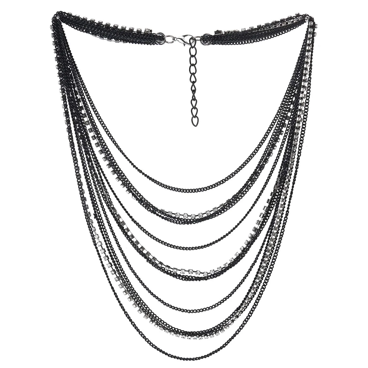 Waterfall Multi-Strand Chains Statement Collar Necklace with Rhinestones Chains, Dress