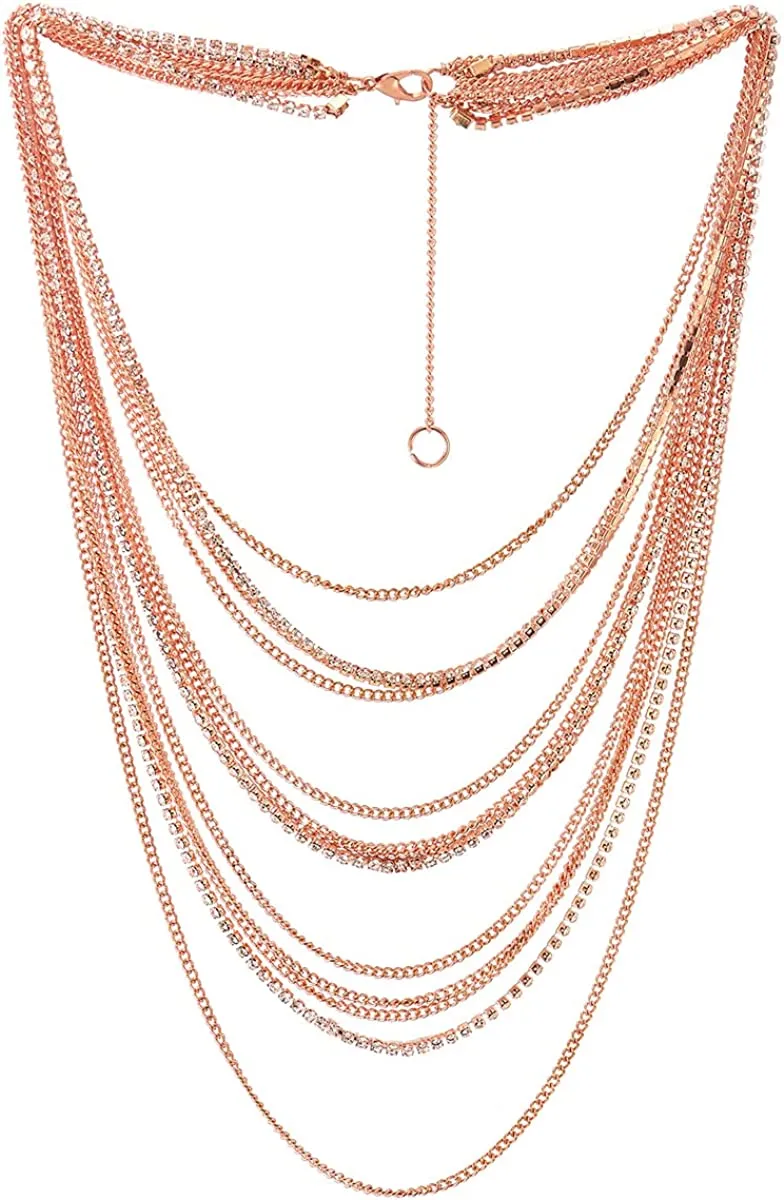 Waterfall Multi-Strand Chains Statement Collar Necklace with Rhinestones Chains, Dress