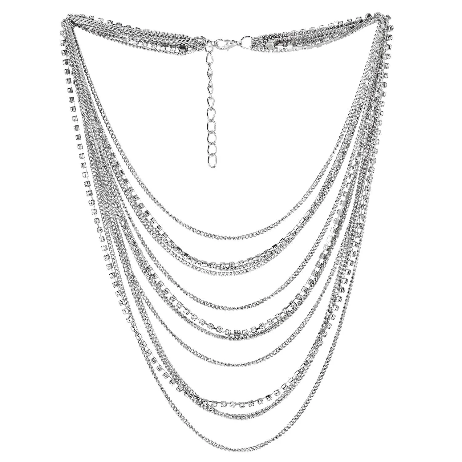 Waterfall Multi-Strand Chains Statement Collar Necklace with Rhinestones Chains, Dress