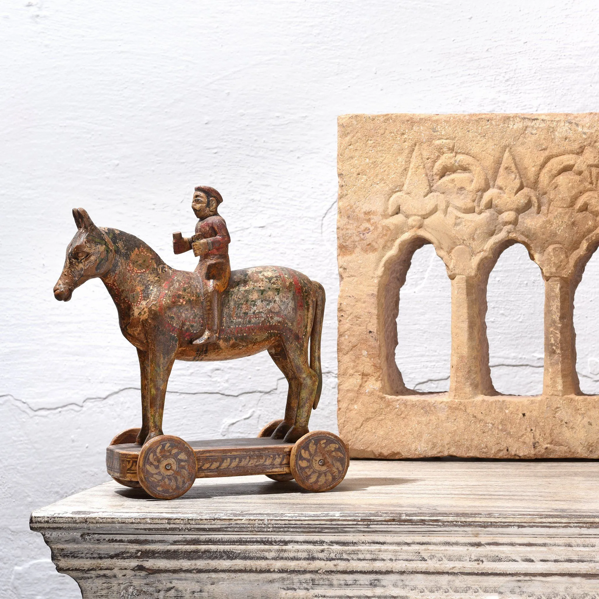 Wooden Painted Horse Wheeltoy - 19thC