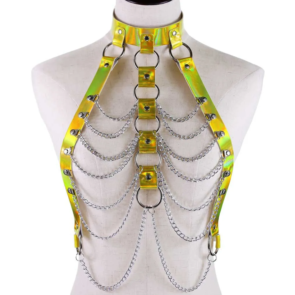Yellow Holographic Ribcage Harness w/ Chain Details