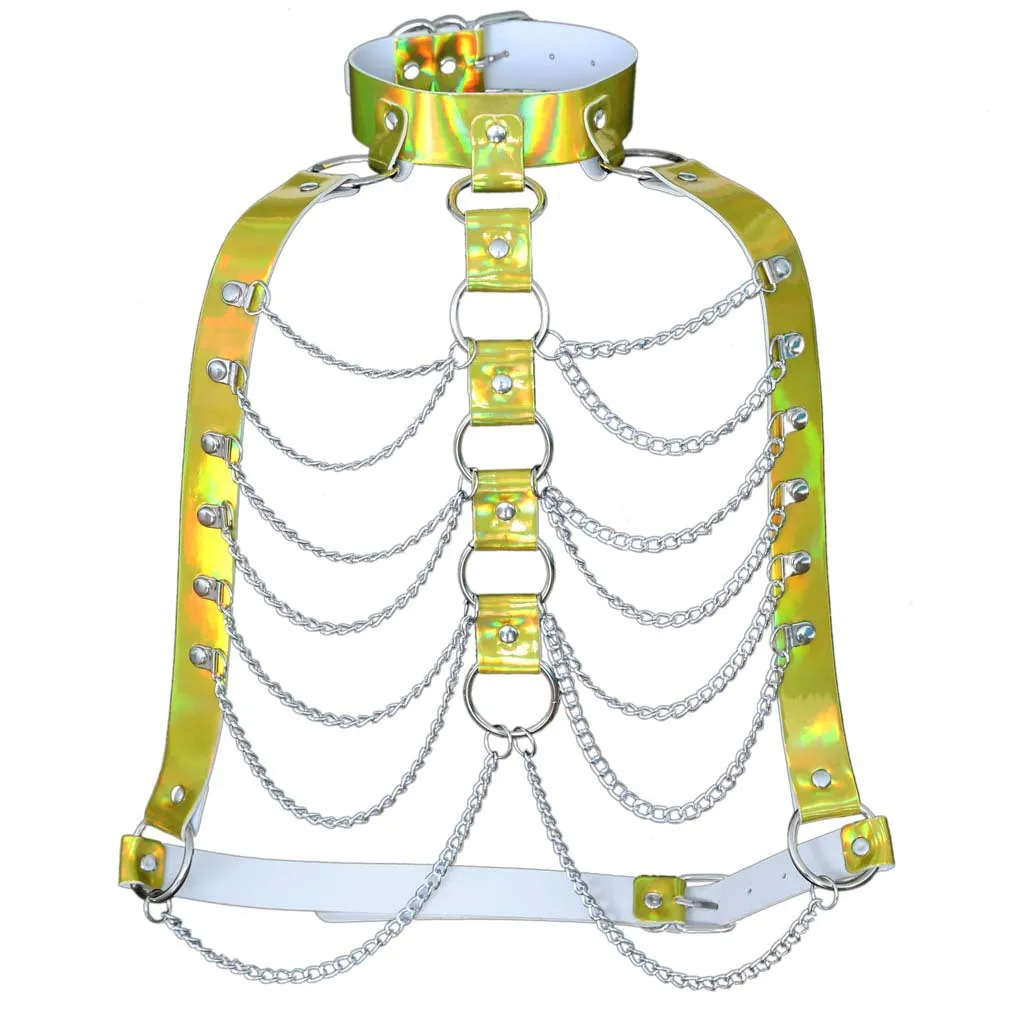 Yellow Holographic Ribcage Harness w/ Chain Details
